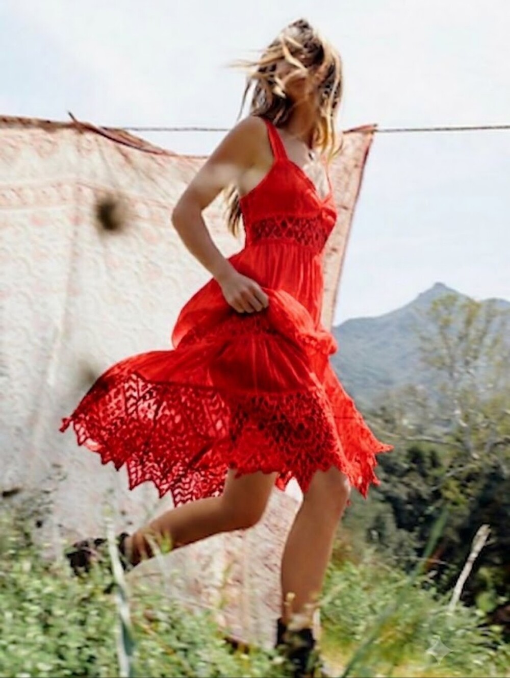 Free People Caught Your Eye Gauzy Crochet Maxi Dress In Red Size 6